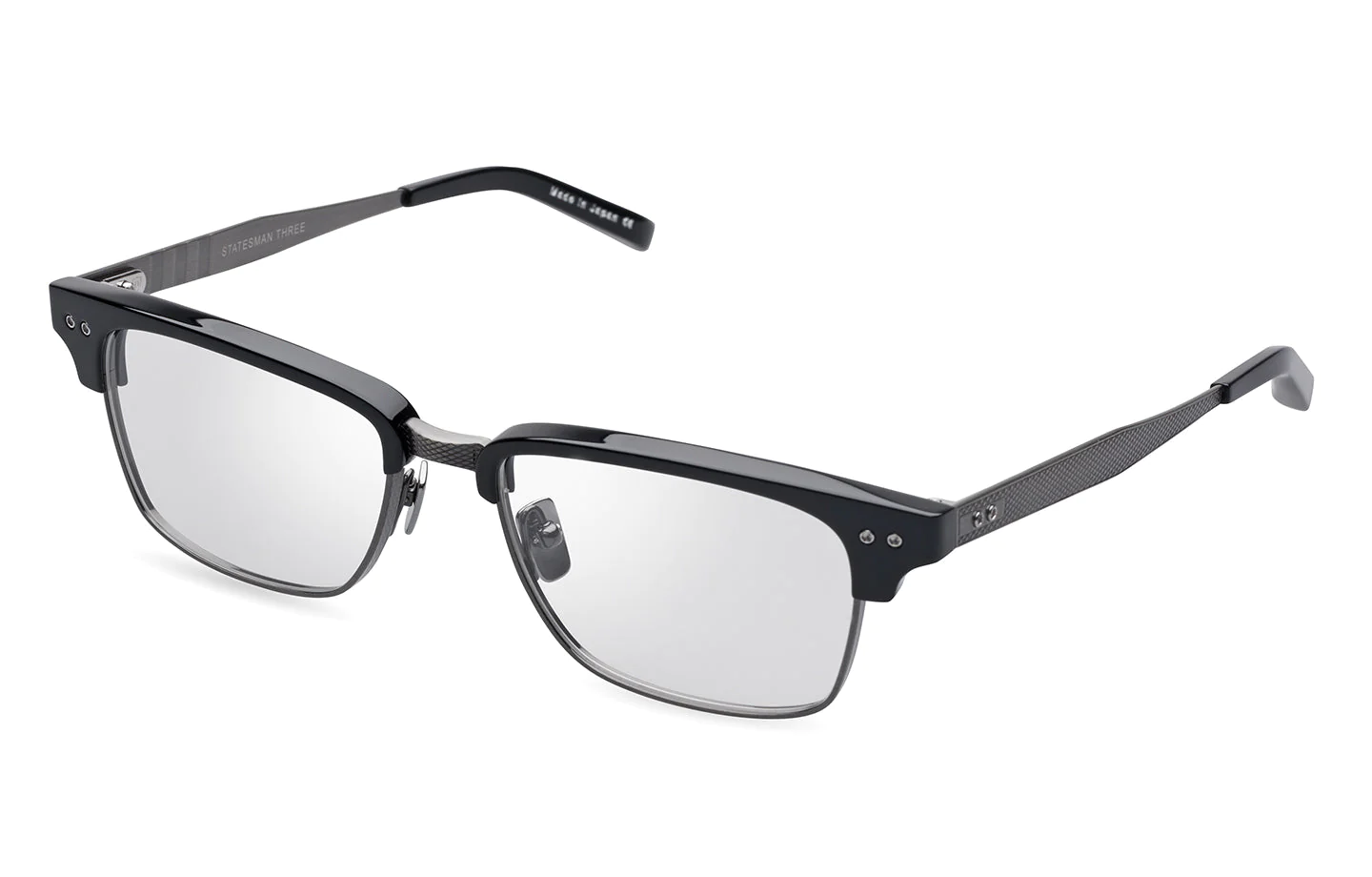 A close up shot of DITA STATESMAN THREE DRX-2064 sunglasses in Black-Antique Silver (DRX-2064-A-BLK-SLV-55-Z).