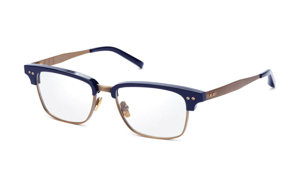 A close up shot of DITA STATESMAN THREE DRX-2064 sunglasses in Navy - Antique Gold (DRX-2064-E-NVY-GLD-55-Z).
