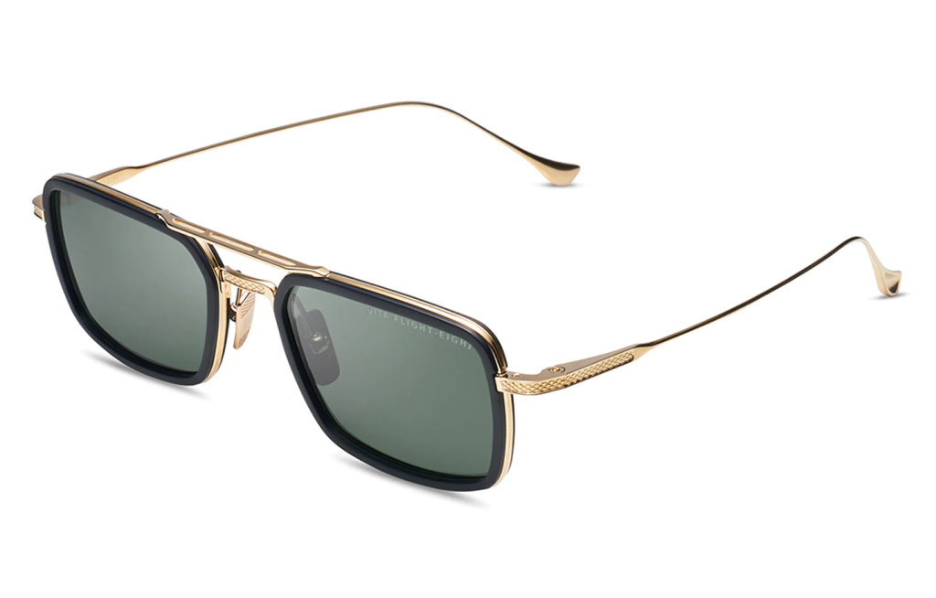A close up shot of DITA FLIGHT.008 DTS134-53 sunglasses in Matte Black/Gold (lens is G-15) DTS134-53-02-Z.