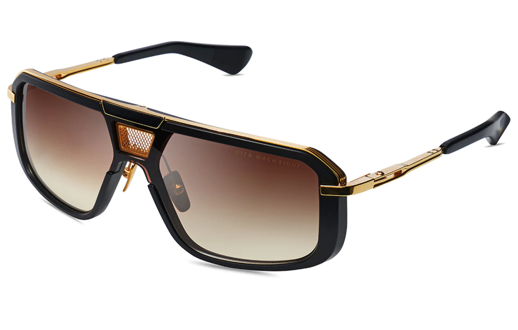 A close up shot of DITA MACH-EIGHT DTS400-A sunglasses in Matte Black - Yellow Gold - Black Rhodium (DTS400-A-01-Z).