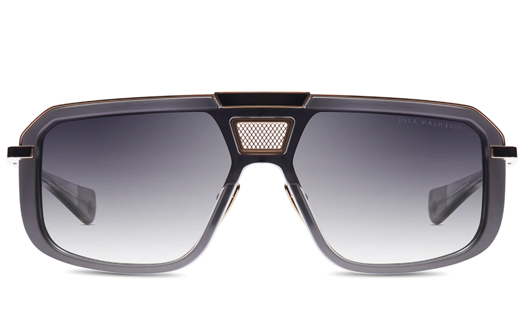 A close up shot of DITA MACH-EIGHT DTS400-A sunglasses in Satin Crystal Grey - White Gold - Yellow Gold (DTS400-A-02-Z).