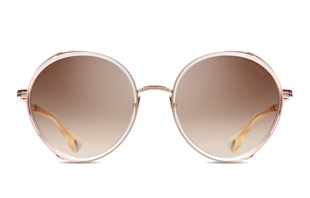 A close up shot of DITA LAGEOS DTS532-52 sunglasses in White Rose Crystal/Rose Gold (lens is Dark Brown to Clear) DTS532-52-03-Z.