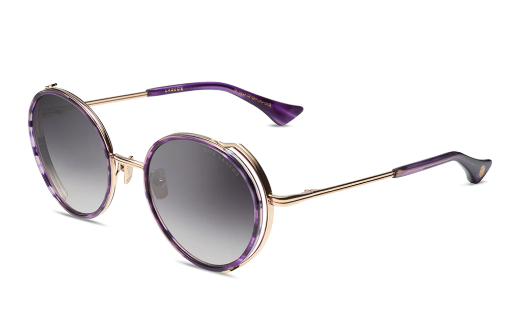 A close up shot of DITA LAGEOS DTS532-52 sunglasses in Dark Lavendar/White Gold (lens is Dark Grey to Clear) DTS532-52-02-Z.