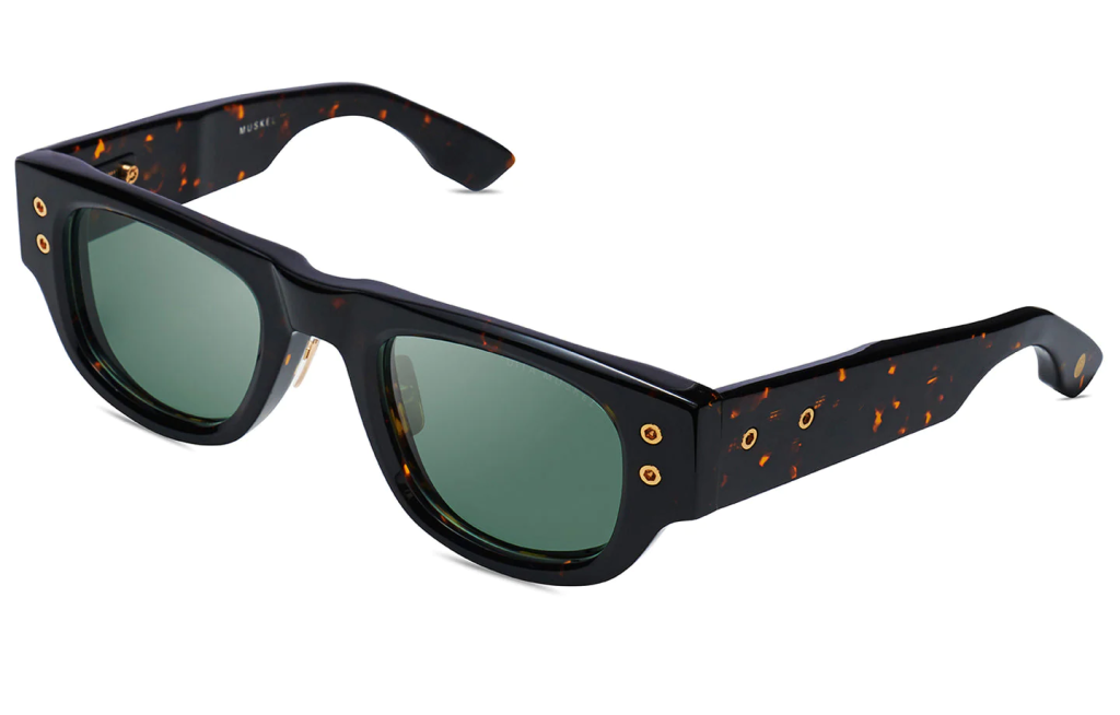A close up shot of DITA MUSKEL Alternative Fit DTS701-A sunglasses in Tortoise - White Gold (lens is Vintage Green) DTS701-A-02AF-Z.