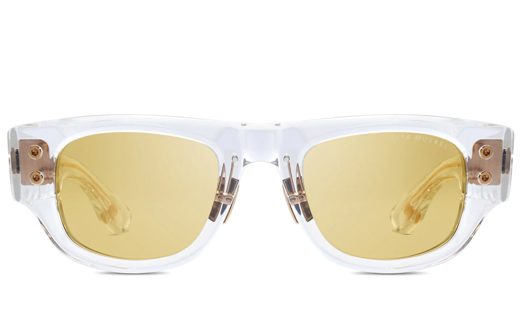 A close up shot of DITA MUSKEL Alternative Fit DTS701-A sunglasses in Crystal - Yellow Gold (lens is Golden Amber) DTS701-A-03AF-Z.
