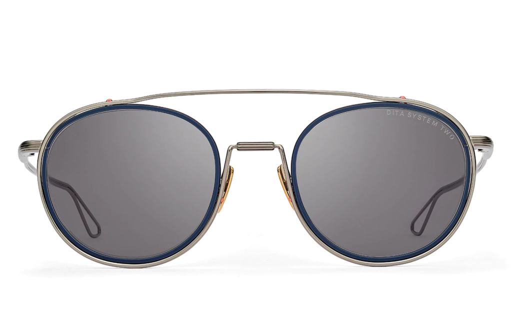 A close up shot of DITA SYSTEM-TWO DTS115-51 sunglasses in Black Iron/Grey (lens is Grey) DTS115-51-03-Z.