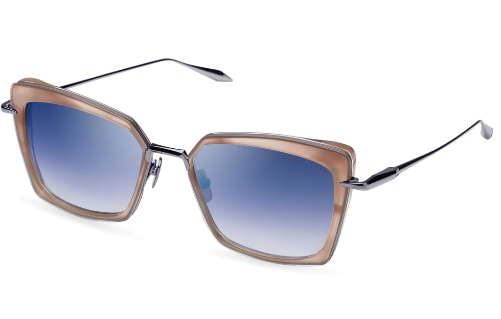 A close up shot of DITA PERPLEXER DTS405-A sunglasses in Dusty Pink Swirl - Black Rhodium (lens is Dark Grey to Clear Gradient - Deep Blue Flash) DTS405-A-03.