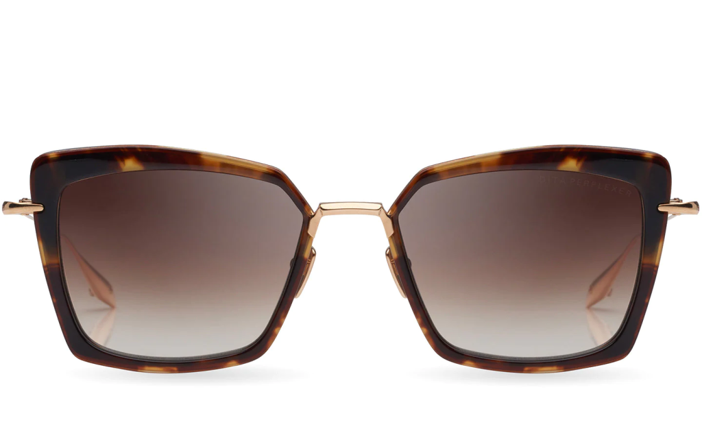 A close up shot of DITA PERPLEXER DTS405-A sunglasses in Tortoise Haze - White Gold (lens is Dark Brown to Clear Gradient) DTS405-A-02.