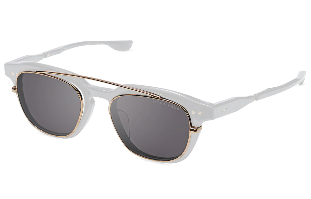A close up shot of DITA LINEUS-CLIP DTS702-A-CLP sun clip in White Gold (lens is Grey) DTS702-A-CLP-01-Z.
