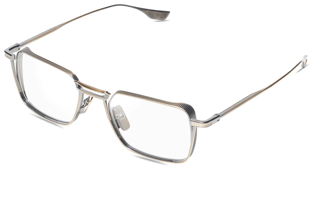 A close up shot of DITA LINDSTRUM DTX125-51 sunglasses in White Gold (lens is Clear) DTX125-51-02-Z.