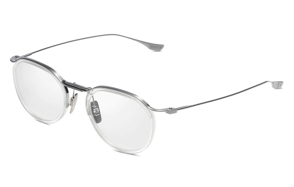 A close up shot of DITA SCHEMA-TWO DTX131-49 sunglasses in Antique Silver/Crystal Clear (lens is Clear) DTX131-49-03-Z.