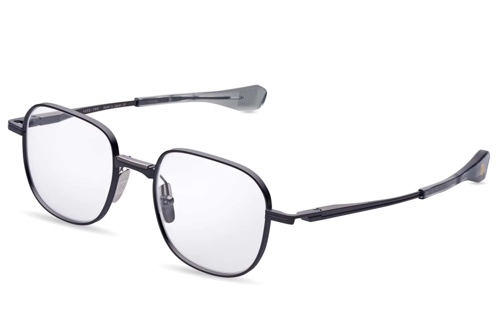 A close up shot of DITA VERS-TWO OPTICAL DTX151-A sunglasses in Black Iron - Antique Silver (lens is Clear) DTX151-A-03.