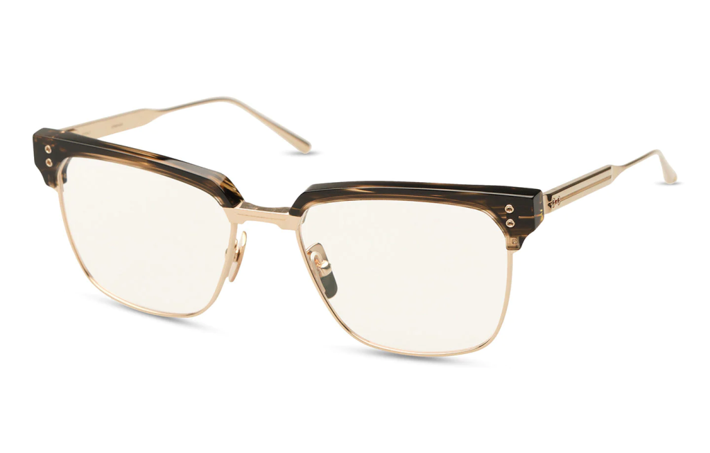 A close up shot of DITA FIRAZ Rx DTX431-A sunglasses in Balsamic Olive Swirl (lens is Clear) DTX431-A-03.