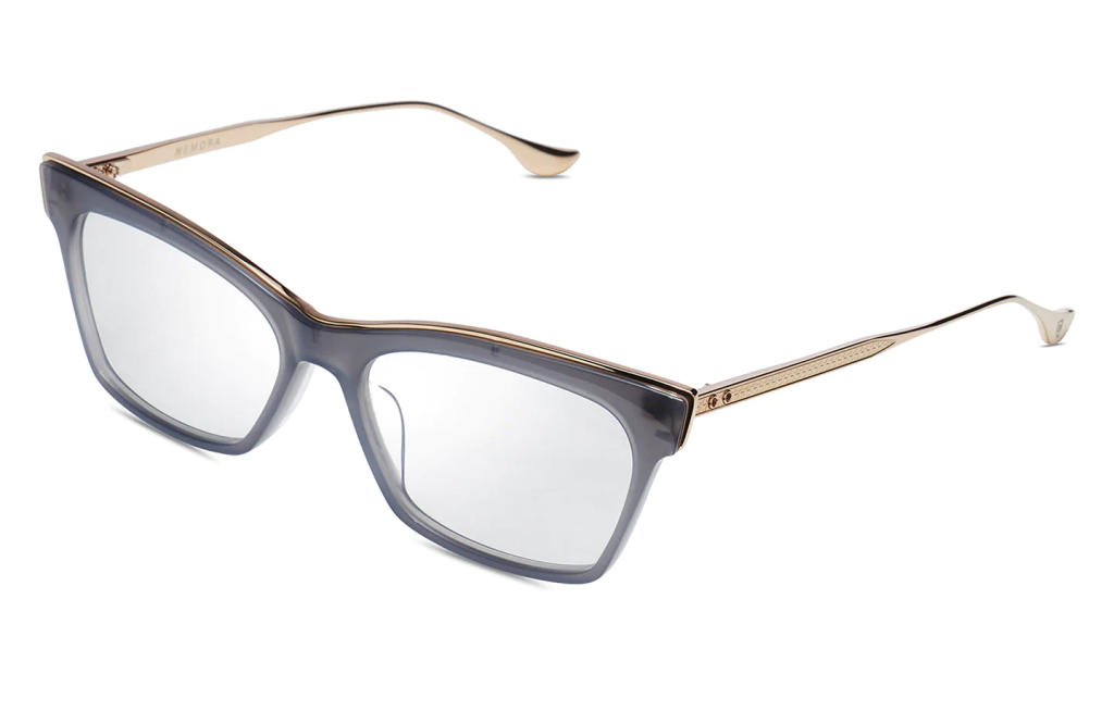 A close up shot of DITA NEMORA DTX401-A sunglasses in Storm Grey - White Gold (lens is Clear) DTX401-A-03-Z.