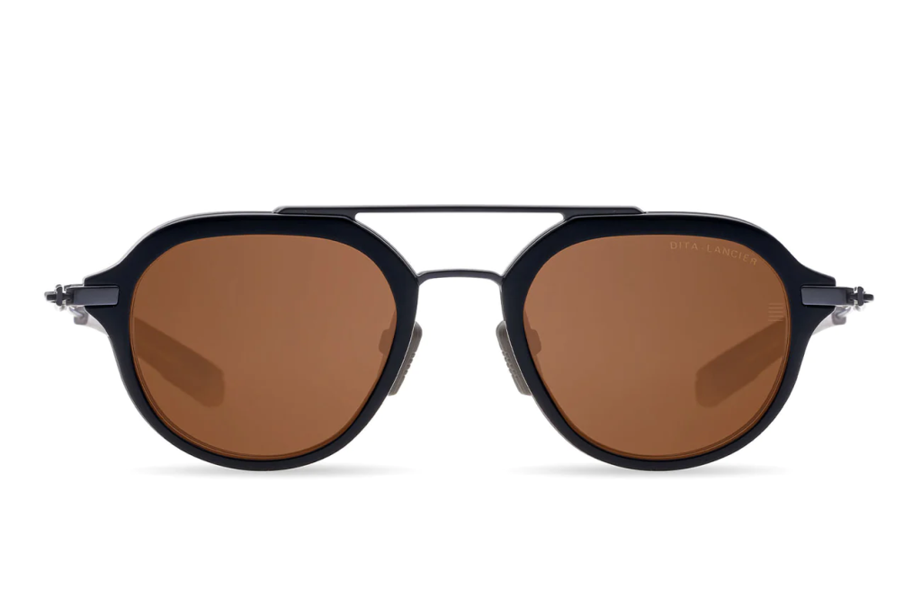 A close up shot of DITA LANCIER LSA-407 sunglasses in Black - Black Gun (Land Lens - Brown Polarized) DLS407-A-01-A.