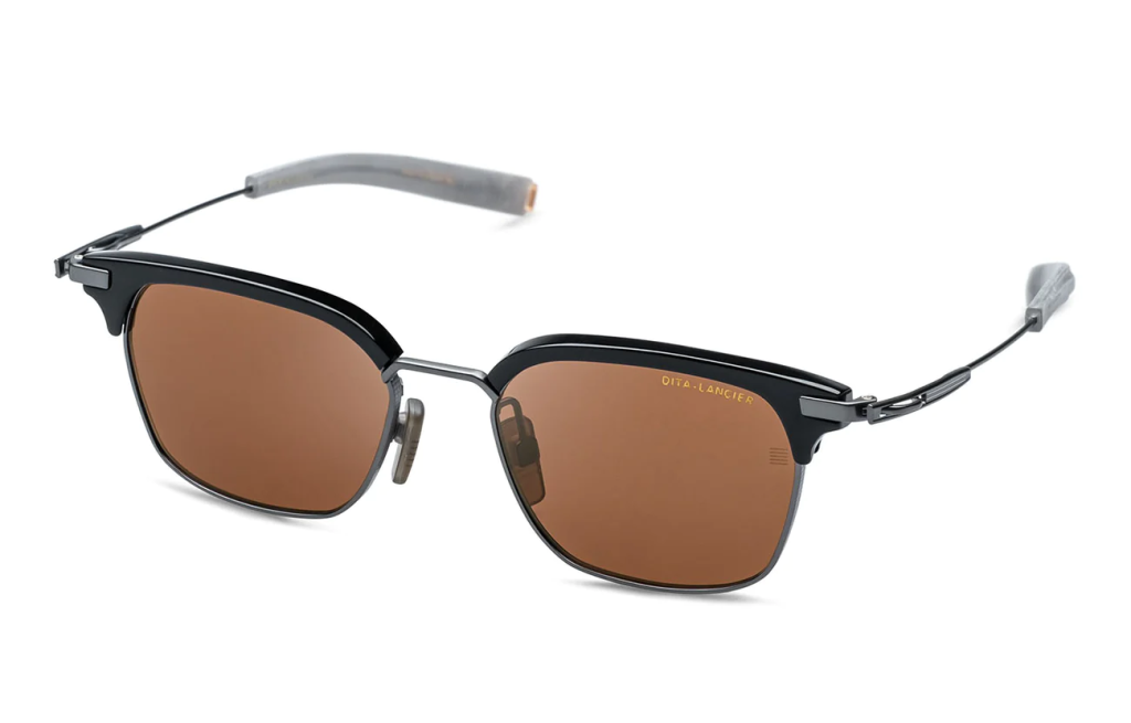 A close up shot of DITA LANCIER LSA-410 sunglasses in  Black/Black Gun (Land Lens - Brown Polarized) DLS410-A-01-A. 