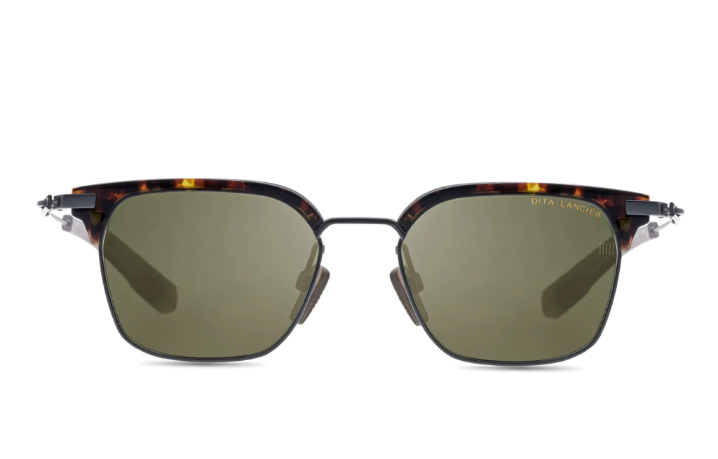 A close up shot of DITA LANCIER LSA-410 sunglasses in Tortoise/Black Gun (Air Lens - G-12) DLS410-A-03-A. 
